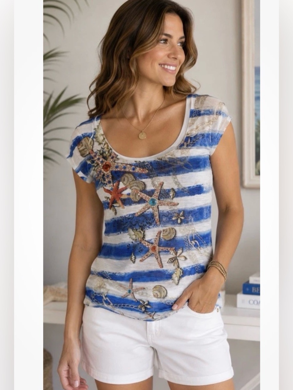 VIntage Cache XL Nautical Starfish Seashells Embellished w / Beaded Crystals Top
